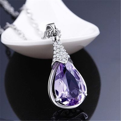 Women Elegant Teardrop Shape Purple Crystal Wishing Stone Pendant Clavicle Chain Necklace Fashion Jewelry Gifts NL0169