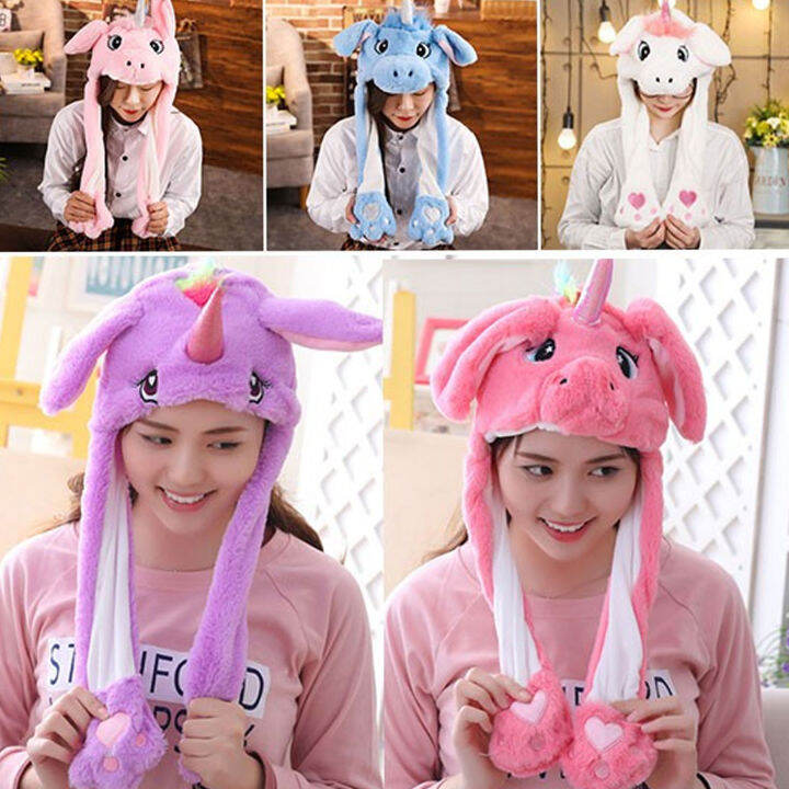 Animal Cartoon Unicorn Hat Hand Plush Animal Moving Ear Hat for Adults