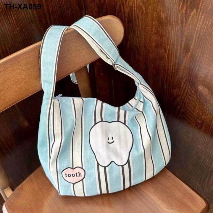 blue-stripe-tooth-bag-2023-ใหม่moriกระเป๋าmessengerกระเป๋าสะพายไหล่ความจุขนาดใหญ่สบายๆกระเป๋าโท้ทขนาดเล็กสด