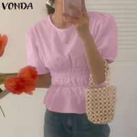 VONDA ผู้หญิงแฟชั่นแขนสั้นคอลูกเรือเสื้อเสื้อยืดสบายๆถุงจีบเสื้อ (เกาหลีสาเหตุ)