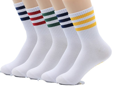 [MK SOCKS] Cotton 5-colors (Red,Yellow,Green,Navy,Black) 3-Stripe Athletic Sports Running Retro Cute Matching School Crew Socks For Men/Women