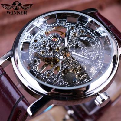 Winner นาฬิกานาฬิกากลไกสุดหรูเคสโปร่งใสเคสสีเงินสำหรับนาฬิกาข้อมือสำหรับผู้ชายโครงกระดูกแกะสลักของราชวงศ์