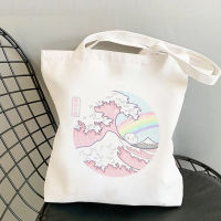 Shopping Bag Shoulder Tote Canvas Bags Reusable Large Capacity Hand Bag Female Great Wave Kawaii Cartoon Aesthetic Cloth Bag
