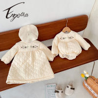 Engepapa Infant Baby Girl Thickened Embroidered Long Sleeves Romper Winter Jumpsuit Dress Sister Clothes Sweet Baby Clothing