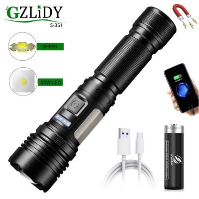 Powerful XHP99 LED Flashlight Long Shot 18650 Torch with Side Light Magnet Camping Fishing Lantern USB Rechargeable Zoom Lights Power Points  Switches
