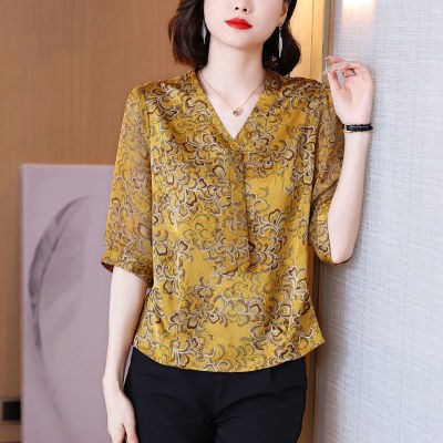 Noble Lady Vintage Blouse Female Summer Short-sleeved Top New Plus Size Printed Floral Shirt Fashion Beautiful Casual Wear Tops