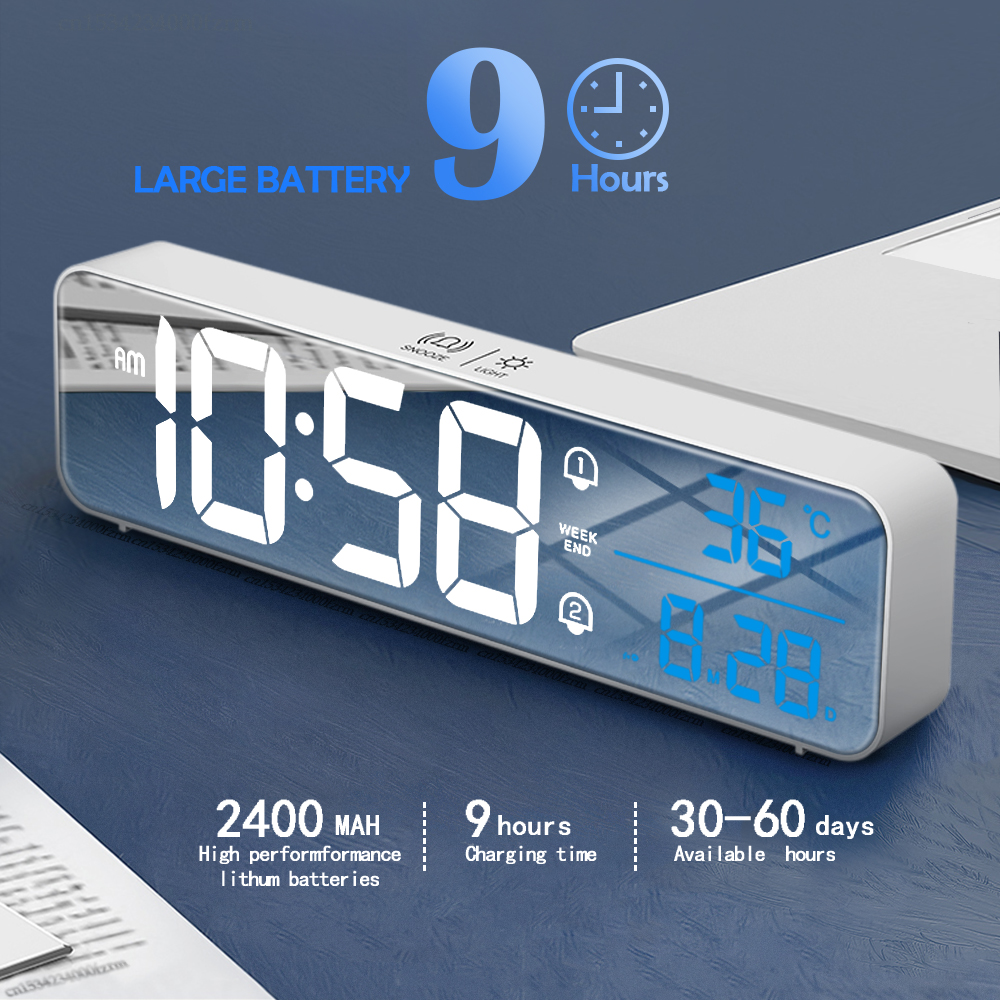 Digital Alarm Clock with LED Display 2 Level Brightness Snooze Mirror Temperatur 