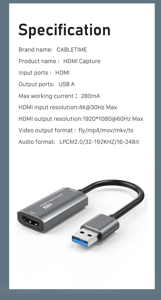 CABLETIME 4K Ultra HDMI Video Capture Card Device for Live Streaming