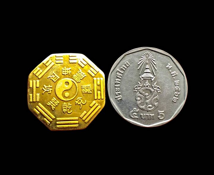 เหรียญ8เหลี่ยมโป๊ยก่วยด้านหลังยันต์แปะซัวไก๊เนื้อกะไหล่ทอง