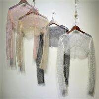 ผู้หญิง Rhinestone เงาที่มีสีสัน Y2K สุทธิเจาะป้องกัน Bask In Shawls คริสตัลแขนยาวเซ็กซี่ปาร์ตี้คลับสั้น Crop Top