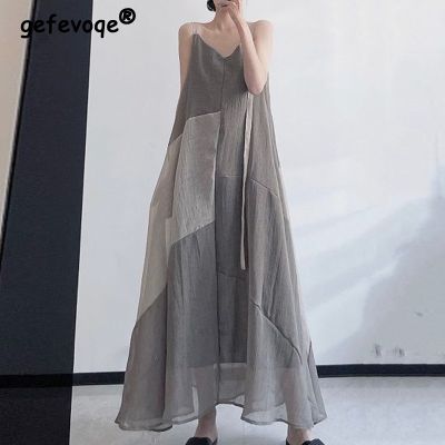 【CW】۩♙  Patchwork Irregular Beach Vacation Dresses V Neck Sleeveless Spaghetti Sundress Robe