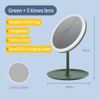 LED Makeup Mirror Three Color Light Adjustable Touch Dimmer USB Charging 5 Times Magnifying Glass With Storage Rotatable Mirror