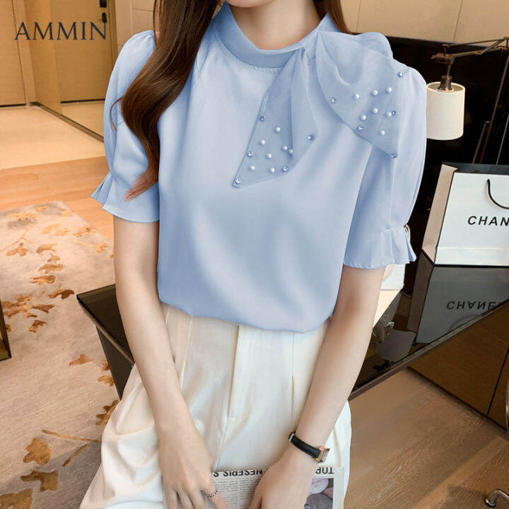 ammin-เสื้อสตรีผ้าชีฟองแขนสั้นผูกโบว์-เสื้อเบลาส์สำหรับผู้หญิงดีไซน์แฟชั่นสไตล์เกาหลีเสื้อแต่งลูกปัดคุณภาพสูงใส่ได้กับทุกชุด