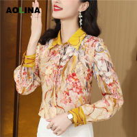 AOLINA 2023เสื้อคอปกสไตล์ตะวันตกเสื้อไหมหม่อนลายดอกไม้เสื้อเชิ้ตแขนไหมแบบยาวแท้สำหรับฤดูใบไม้ผลิ