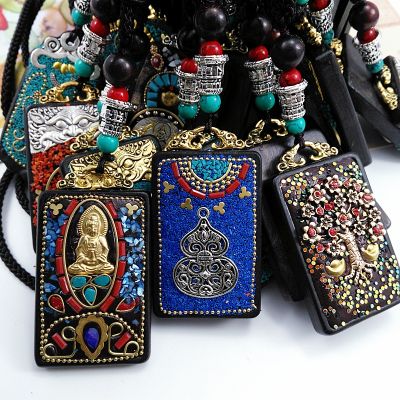 [COD] Nepal ebony sweater chain diy Thangka blue pine Chinese knot pharmacist Buddha men and women card necklace pendant
