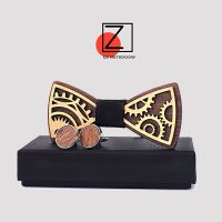 ☌ New design Gear wheel Wooden Bow Tie Mens Wood Bowtie Cufflinks Set Brand Business Neckties Cuff Links for Wedding Groom