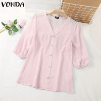 (จัดส่งฟรี)Fancystyle VONDA เสื้อลำลองแขนพองคอวีสำหรับผู้หญิงเสื้อลำลองแขน3/4ลายทางเสื้อรูปตัว H #2