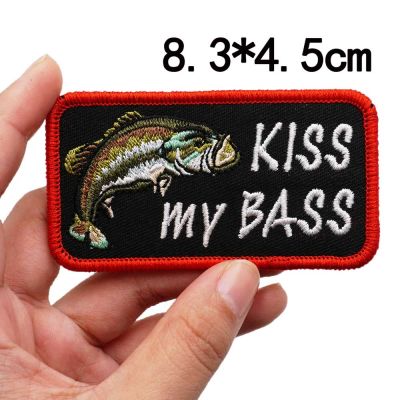 ♠◘℗ AD96-110 Go Fishing Kiss My Bass Embroidered Patches Animals Badge with Hook Backing for Clothing Applique
