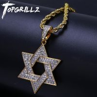 《 DTOU Fashion 》 TOPGRILLZ Hip Hop Men Gold Color Plated Jewelry Micro Pave Iced Out CZ Stone Star Of David จี้สร้อยคอเชือก