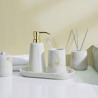 Bathroom Accessory Set Imitate Marble Toothbrush Holder Soap Dispenser Pump Bottle Soap Dish Mouthwash Cup Swab Can Tray