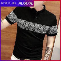 MOQOOL เสื้อยืดเข้ารูปพอดีดอกไม้เม็ดมะม่วงหิมพานต์ขนาดใหญ่ MODE Korea หล่อ,เสื้อโปโลแขนสั้นปะต่อผู้ชายแฟชั่นใหม่ฤดูร้อน