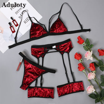 Aduloty New Hot-Selling Underwear Sexy Big Red Ladys Sexy Lingerie Three-Piece Thong Without Steel Ring Garter Leg Loop