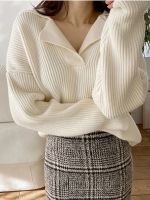 ❆♧✟ ITOOLIN Knitted Ribbed Loose Cashmere Sweater V-neck Long-sleeved Oversize Pullovers Jumpers