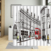 City Street Pedestrian Shower Curtain Hand Painted Building Car Bathroom Decorative Cloth Band Hook Waterproof Washable Fabric