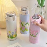 ❄✶⊕ 450ml Flower Design Stainless Steel Vacuum Flask With Straw And Shoulder Strap Portable Cute Thermos Mug Student Tumbler