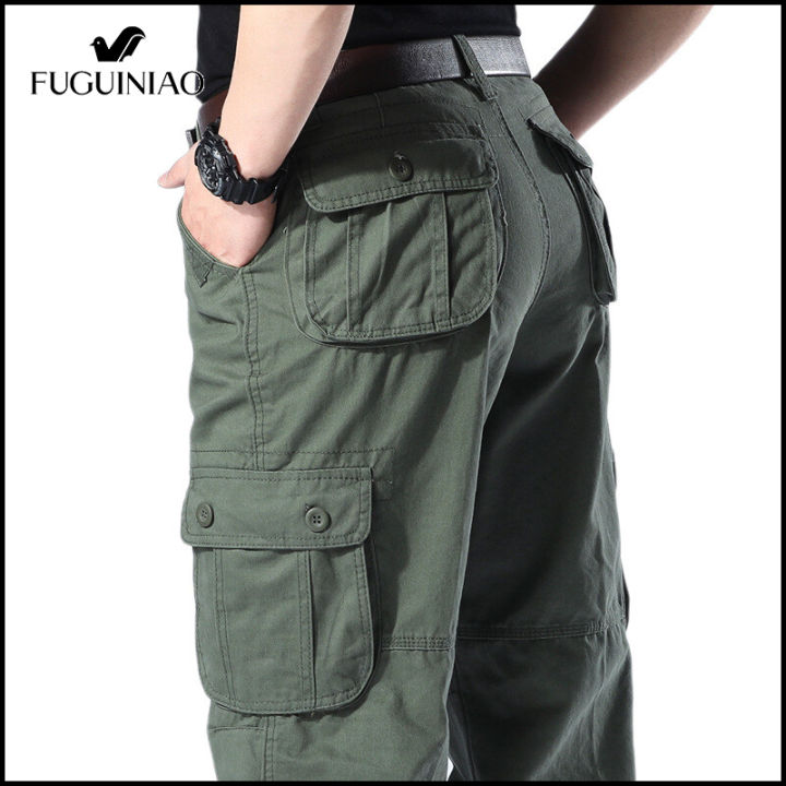 fuguiniao-กางเกงผ้าฝ้ายลำลองกางเกงคาร์โก้ทหารผ้ากันเปื้อนหลายกระเป๋าสำหรับผู้ชาย-กางเกงทหารพร้อมกระเป๋า6กระเป๋า