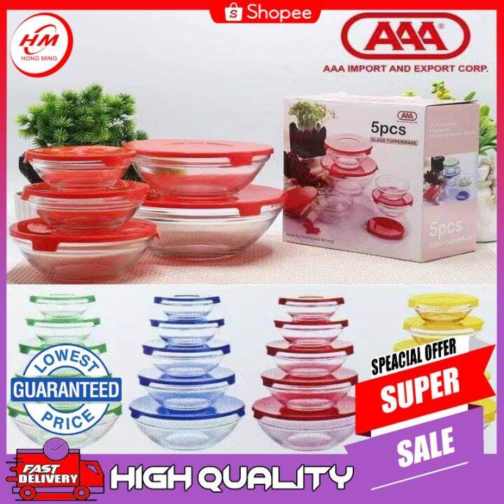 ☞ZJTP 5 in 1 Colorful Glass Bowl SET Storage Bowl set Glass Tupperware