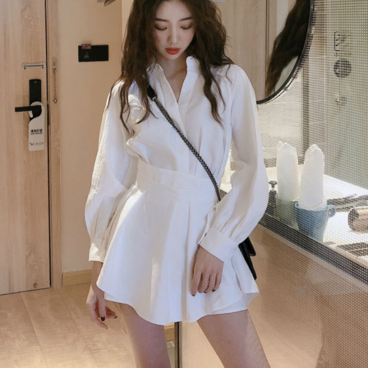 Women Sets Leisure Solid Long Sleeve Turn-down Collar Clothes Mini Pleated Shorts Korean Style Sexy Elegant Daily Streetwear New