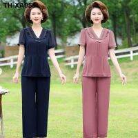 Middle-aged mother summer suit foreign style chiffon t-shirt age-reducing top 40-50 middle-aged and elderly womens short-sleeved two-piece set