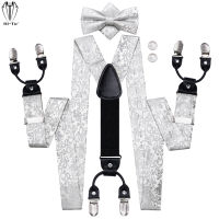 Hi-Tie Jacquard ผ้าไหมเงินดอกไม้ Mens Suspenders Bowtie Hanky Cufflinks ชุดปรับ 6 วงเล็บคลิปสำหรับกางเกง Casual ของขวัญ-VXCB MALL