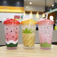 Summer Cold Drink Ice Cup Creative Simple Double-layer Plastic Fruit Shape Straw Cup Student Drinking Cup Gift for Friends