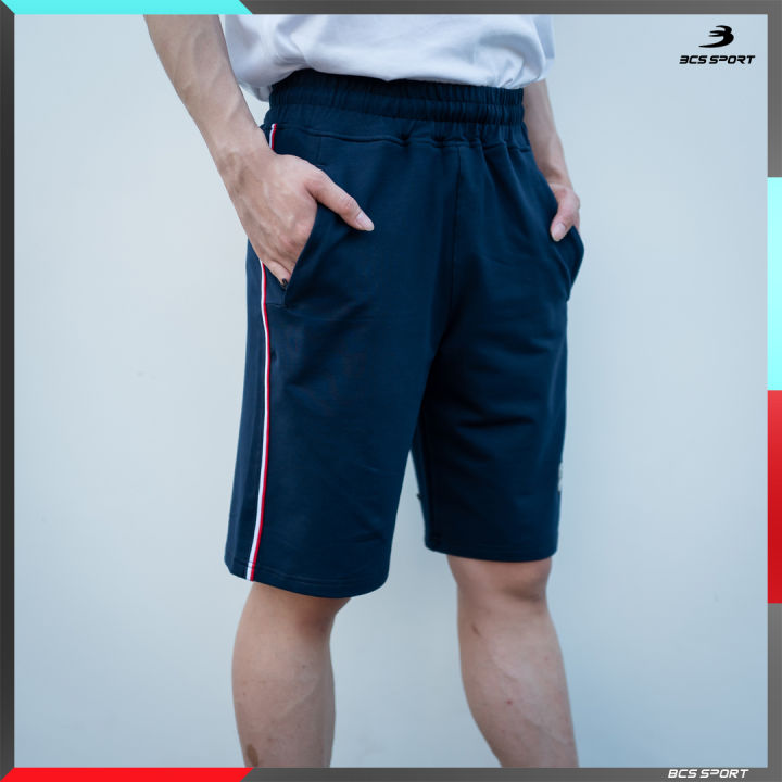 กางเกงวอร์ม-ลำลองขาสั้น-ตัดต่อเทปข้างลำตัว-unisex-ใส่ซิปกระเป๋า-เนื้อผ้า-โพลีเอสเตอร์-ค๊อตต๊อน-bcs-classic-striped-shorts-676