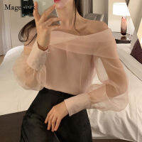 Women Korean Solid Transparent Long Sleeve Tops 2022 Spring New Mesh Blouse Ladies Elegant Clavicle One-shoulder Shirt 13412