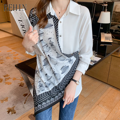 REHIN Women S Top New Vintage Print Irregular Cut Splicing Long Sleeve Shirt All-Match Elegant Blouse