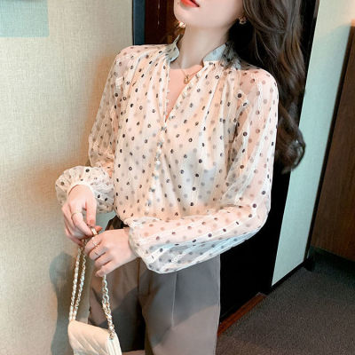 UXV[สิทธิพิเศษแบบจำกัดเวลา] Wave Dot Chiffon Shirt ผู้หญิง 2022 แขนยาวใหม่ตาข่ายเส้นด้ายด้านบนเสื้อเล็กแฟชั่นเสื้อ YF-838