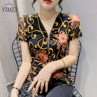 YIMEI เสื้อตาข่ายคอวีซิปเซ็กซี่2023ใหม่ฤดูร้อนแขนสั้นเสื้อยืดพิมพ์ลายเข้ารูปพอดีผู้หญิงแฟชั่นเสื้อกล้ามอินเทรนด์