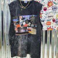 hungrygirl เสื้อผ้าสาวอวบ อ้วน เสื้อยืดผ้าฟอก Mickey Minnie สีดำ แขนกุด OVERSIZE (กล้ามฟอก/มิกกี้มินนี่นั่งรถแดง) เสื้อผ้าไซส์ใหญ่ เสื้อผ้าเกาหลี เสื้อผ้าน่ารัก