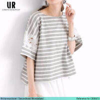 USED Urban Research - Oversized Gray Lace Striped Cropped T-Shirt | เสื้อยืดสีเทา สีขาว เสื้อโอเวอร์ไซส์ เสื้อครอป แขนสั้น ลายทาง ลูกไม้ แท้ มือสอง