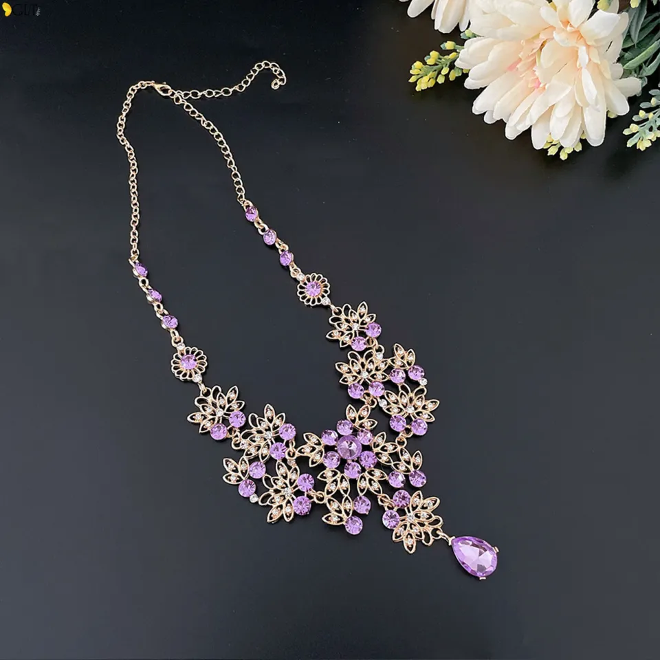 Necklace Earrings Violet Crystal Water-drop Style Bridal Wedding