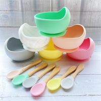 1set Baby Silicone Feeding Bowl Set BPA Free Childrens Tableware  Baby Learning Dishes Suction Bowl Set Wood Spoon Bowl Fork Spoon Sets