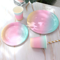 30pcslot Bronzing Rainbow Paper Plate Cup For Wedding Party Tableware Birthday Paper Cake Plate Party Supplies Decor.