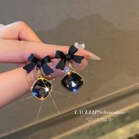 Shining Black Bowknot Square คริสตัล Dangle ต่างหูสำหรับผู้หญิงเงินสเตอร์ลิง925 Retro ต่างหูงานแต่งงาน Charm เครื่องประดับ Gifts