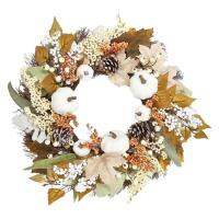 Thanksgiving Wreath Fall Leaves Wreath 17.7inch White Pumpkin Flower Decorative Handmade Wreath For Front Door Window Wall Thanksgiving Day elegantly