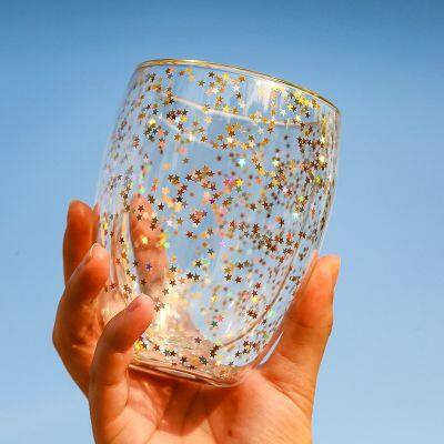 2pcs Transparent Glass Coffee Cup Double Bottom Heat-resistant Glass Cup Creative Sky Star Sequins Cup Whiskey Beer Milk Mug