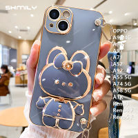 เคสโทรศัพท์ชุบโลหะด้วยไฟฟ้าหรูหราสำหรับ OPPO A93 4G A92 A52 A91 A55 5G A74 5G A58 5G A94 Reno3 A1K F Reno5 F เคสแฟชั่นรูปกระต่ายผีเสื้อน่ารักแต่งหน้า A71ซิลิโคนนิ่ม + เชือกยาว