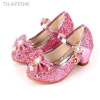 【hot】卐♂  Kids Leather Shoes Glitter Children Heel Knot Pink